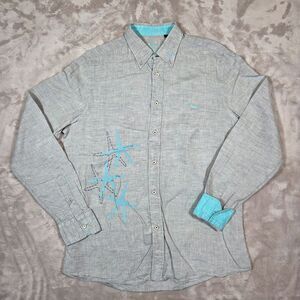 Harmont & Blaine Linen Shirt Mens L Narrow Fit Gray Italy Turquoise Cuff Detail